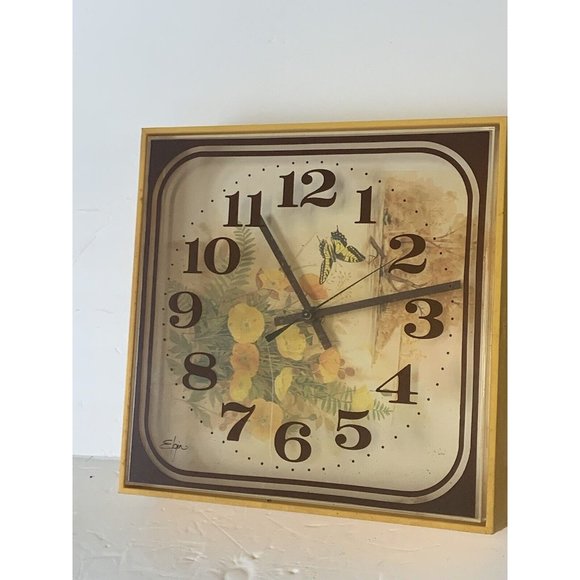 Vintage Elgin Clock 1970s Kitchen Butterfly Mustard Gold Shadow Box - Picture 1 of 9